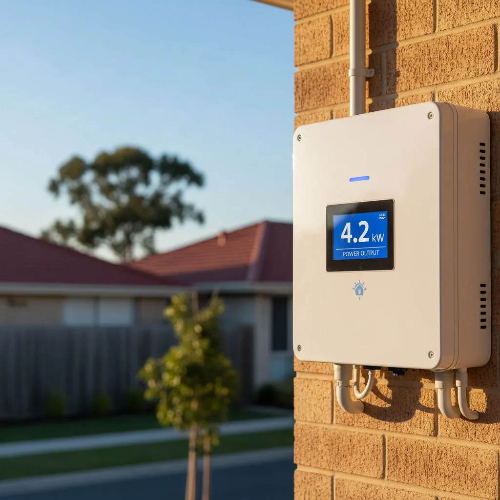 Illustrative wall-mounted solar inverter with a power display