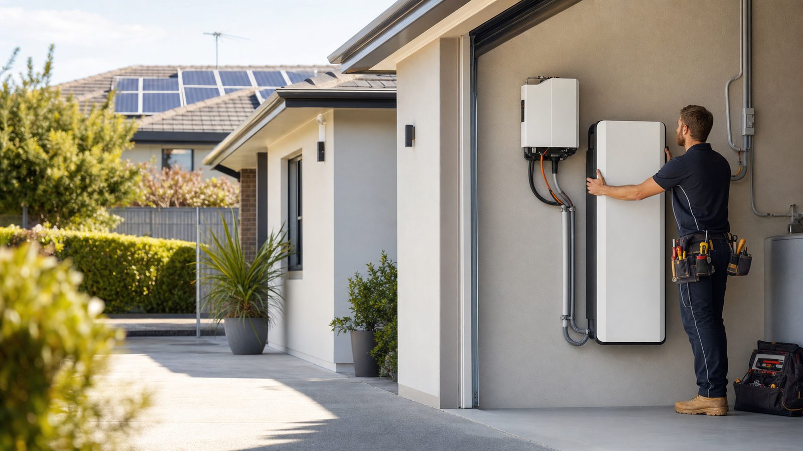 Illustrative view of solar panels and wall-mounted home battery equipment