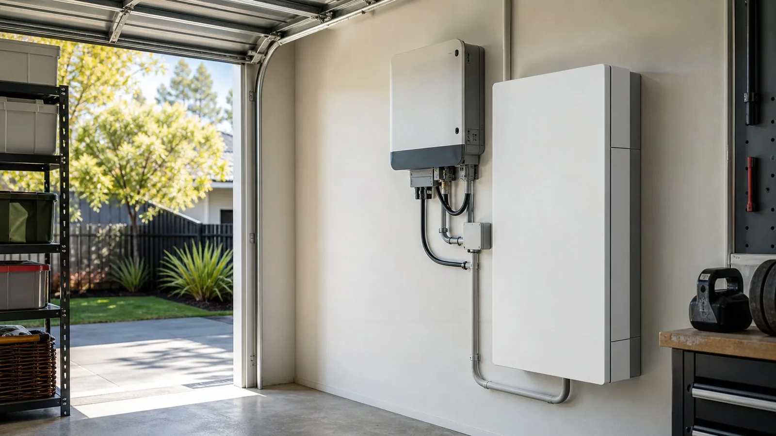 Illustrative battery and inverter mounted beside a garage opening
